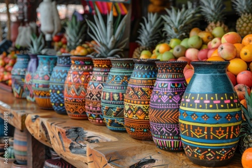 Vibrantly painted pottery on display at a local market with fresh citrus fruits in the foreground and tropical plants in the background.