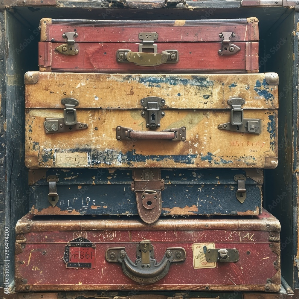 A stack of weathered and distressed vintage suitcases, each telling a story with its scratches, stickers, and unique hardware.