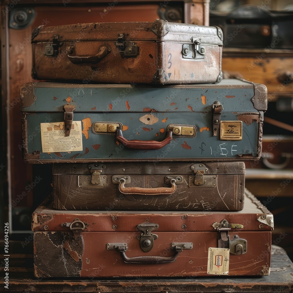 A tower of old suitcases with varying textures and colors, adorned with travel labels and aged to perfection, suggesting many journeys. A tower of old suitcases with varying textures and colors, adorned with travel labels and aged to perfection, suggesting many journeys.