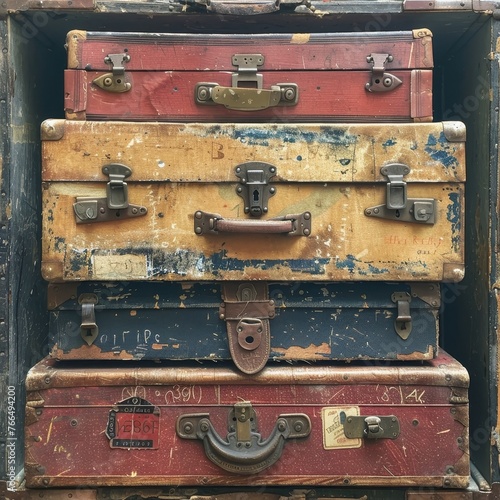 A stack of weathered and distressed vintage suitcases  each telling a story with its scratches  stickers  and unique hardware.