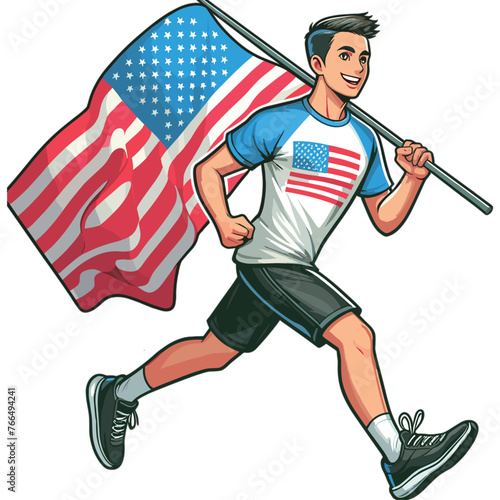 Happy young man running with usa flag colorful vector illustration