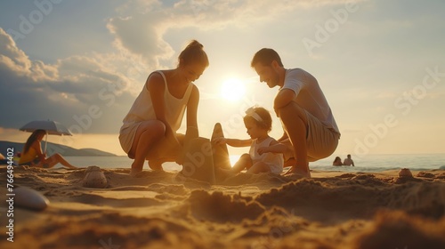 Happy family with little kids enjoying time at sea in exotic country  building sand castle. Family summer holidays concept