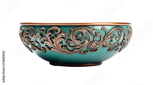 A green bowl adorned with a shimmering gold design