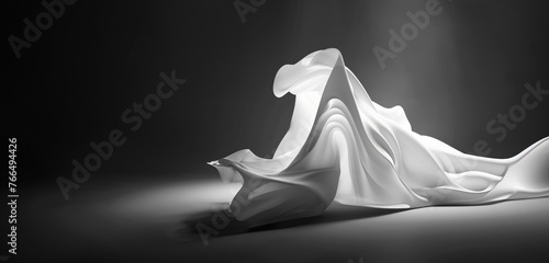 Abstract shape or object flying, 3d render, room, dark, black white, no background, minimal, pak, graphic design.