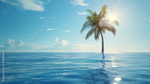 A lonely palm tree is standing in the ocean. The sky is blue and the sun is shining.
