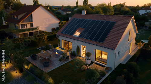 A modern detached house with a solar panel installed on the roof at night, utilizing renewable energy and batteries to generate electricity throughout the day and night. © Frank Gärtner