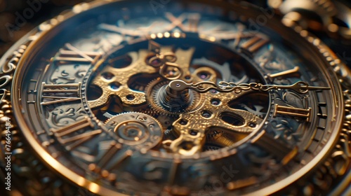 Extreme close-up of the elaborate inner workings of a mechanical pocket watch, with a focus on the gears and hands.