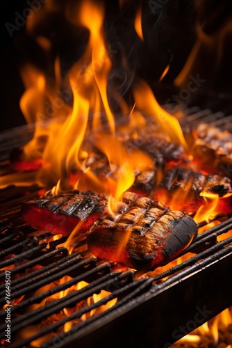 Barbecuing meat on a flaming grill photo