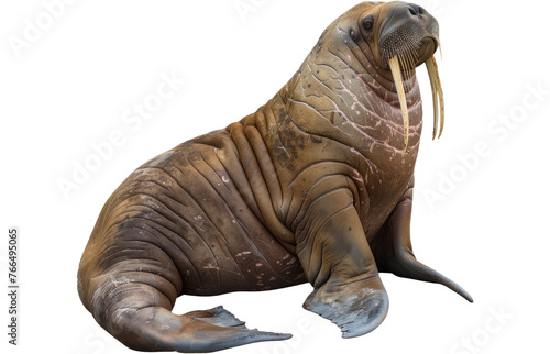 Walrus with prominent tusks seated, cut out transparent