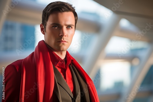 A young man in a red scarf is looking at the camera