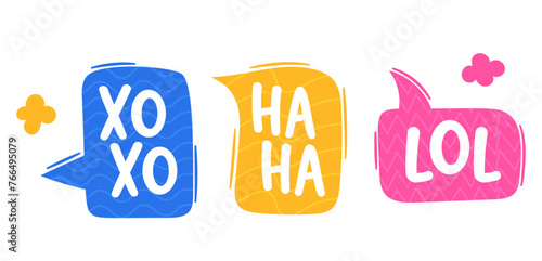 Vector Dialog Speech Bubbles with Xo Xo, Ha Ha and Lol Text. Graphical Elements Used In Comics, Cartoons, Graphic Novels