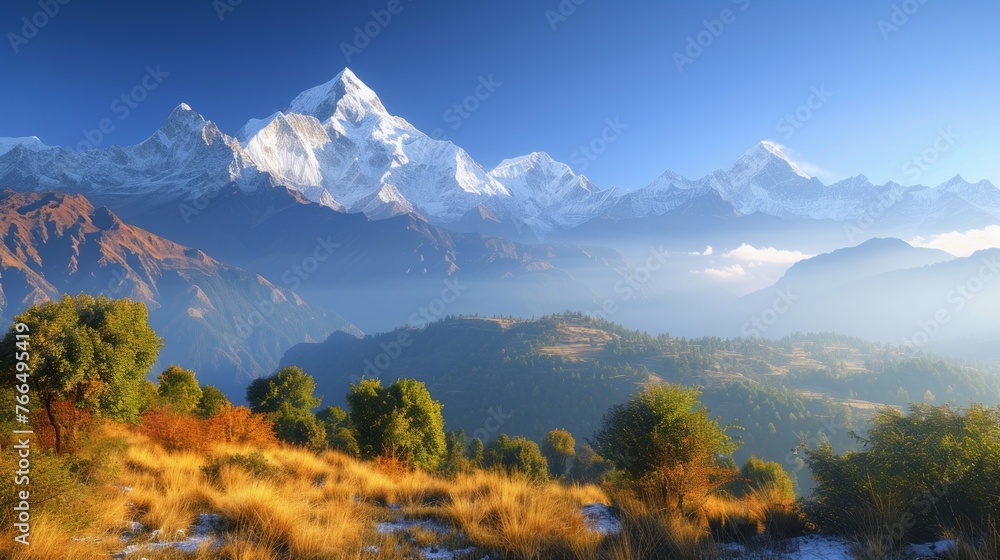 Majestic snow capped mountain peaks of the Himalayas