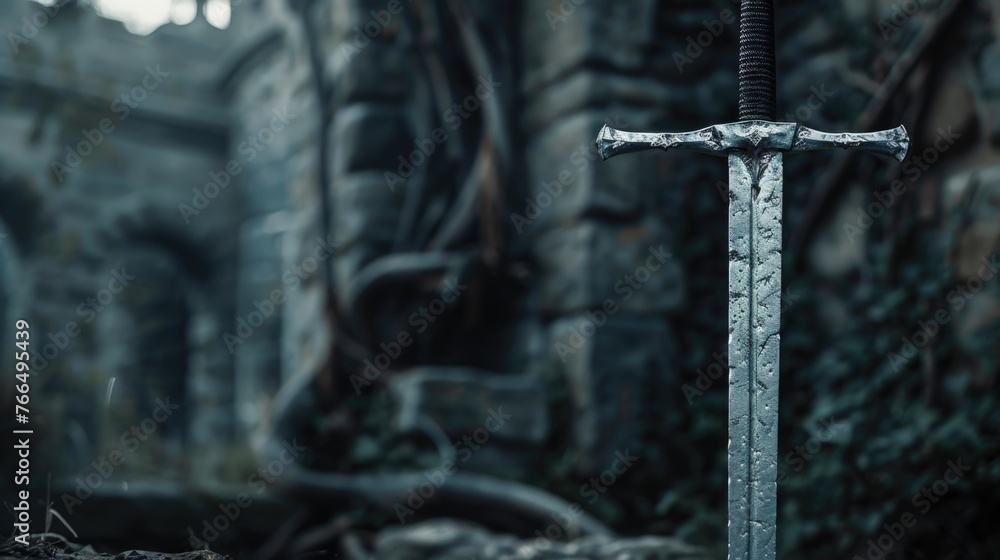 A sword stuck in the middle of a dense forest. Can be used for fantasy or medieval themed designs