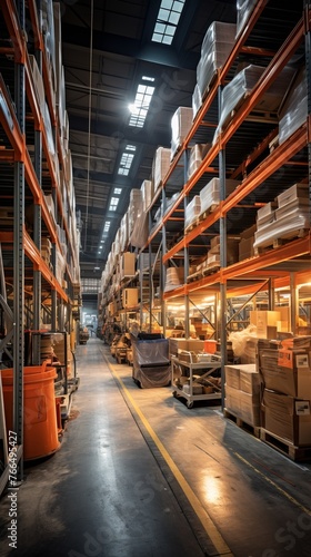 Warehouse with tall shelves full of neatly arranged boxes