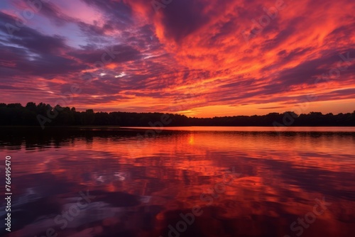 A vivid sunset sky over a calm lake © Adobe Contributor