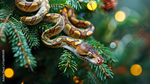Christmas tree branch with snake like a garland, symbol of 2025 new year, calendar front page or horizontal greeting card template.