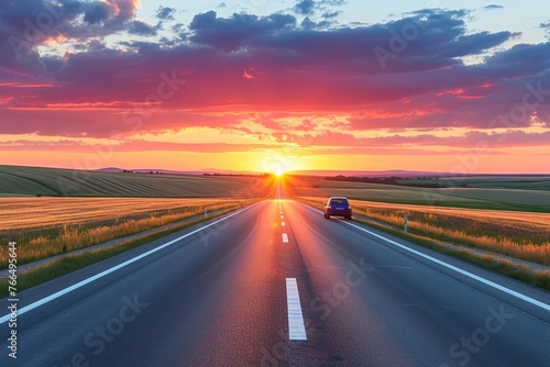 Car driving on a rural road at sunset
