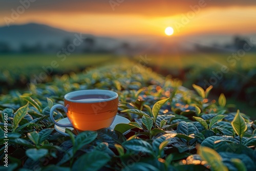 A clear cup of tea on a ledge with a vibrant tea plantation in the background at sunrise. Place for text