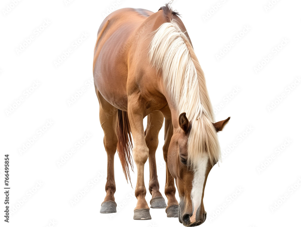 Front view horse is grazing and eating grass with head down isolated on