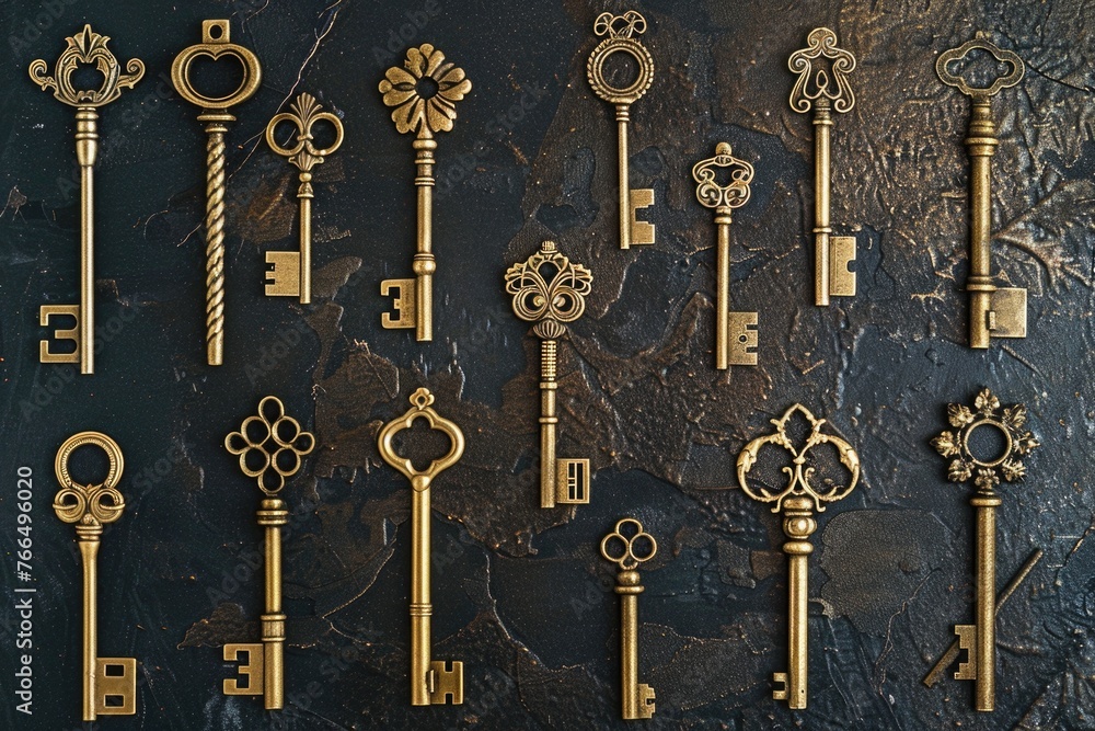 A bunch of keys arranged neatly on a table. Ideal for locksmith or security concept A bunch of keys arranged neatly on a table. Ideal for locksmith or security concept