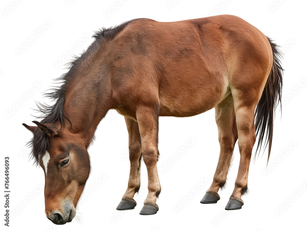 Obraz premium Side view grazing horse is eating grass isolated on white or transparent background, png clipart, design element. Easy to place on any other background.