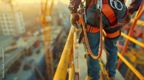 A construction worker standing on a high rise. Suitable for construction industry concepts