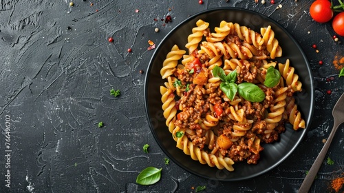 A delicious plate of pasta with meat and tomatoes. Perfect for food blogs or Italian cuisine websites