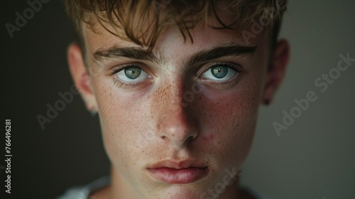 Close up portrait of a young man with freckles. Suitable for skincare or beauty concept