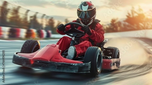 Man driving a go kart on a track. Suitable for sports and recreational themes