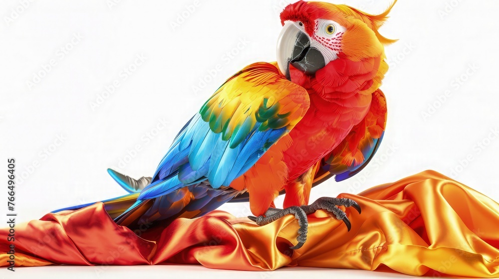 Obraz premium a charming illustration of a baby toy parrot in vibrant red and yellow hues, set against a pristine white background for a striking visual contrast.