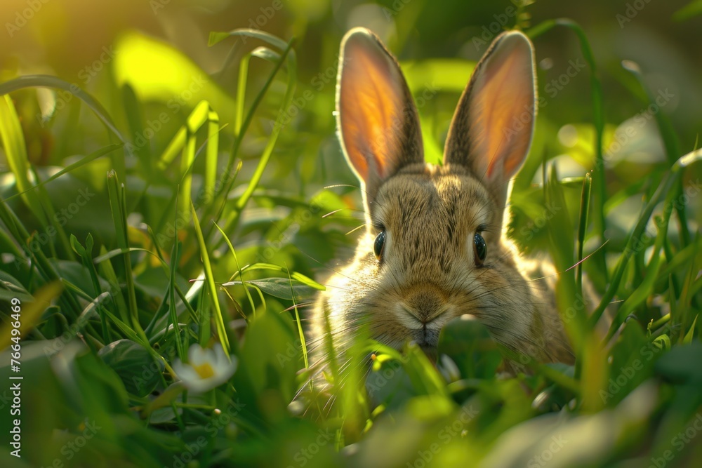 A small rabbit sitting in the middle of grass. Suitable for nature-themed designs