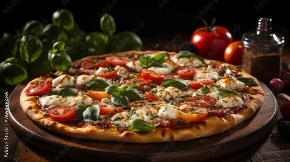 A delicious pizza with tomatoes, basil, and cheese