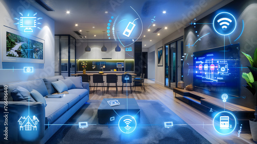 Modern living room infused with technology, digital icons represent smart home features, fostering an environment of luxury, convenience, and advanced technological integration for an optimized lifest photo