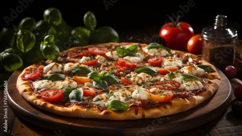 A delicious pizza with tomatoes, basil, and cheese
