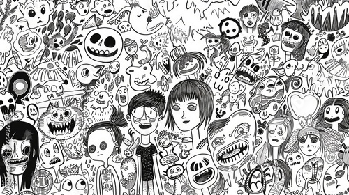 A large group of cartoon characters in black and white. Suitable for various design projects