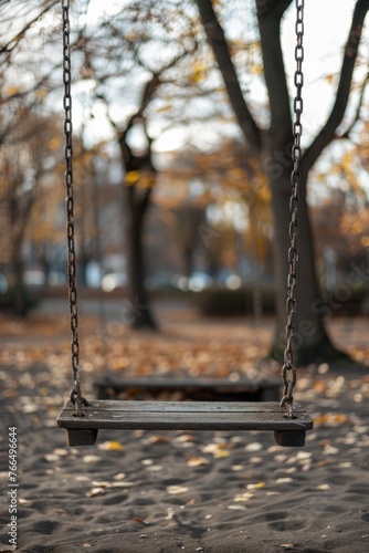 A swing hanging from a tree in a park. Suitable for outdoor recreation concepts