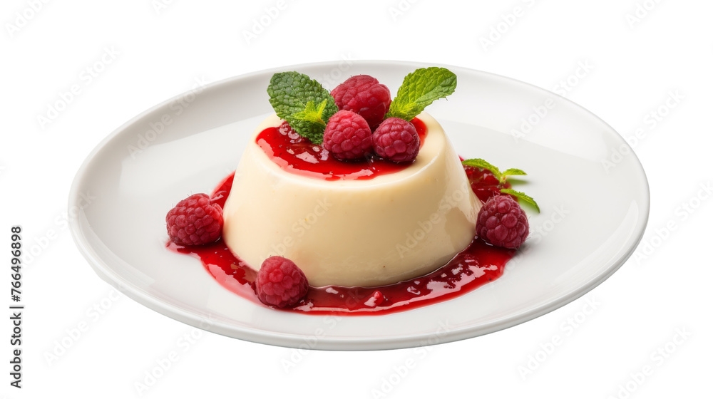 A delectable dessert topped with fresh raspberries on a pristine white plate A delectable dessert topped with fresh raspberries on a pristine white plate