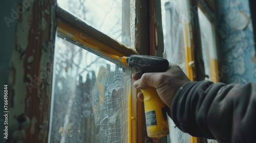 A person using a power drill to repair a window. Ideal for home improvement projects
