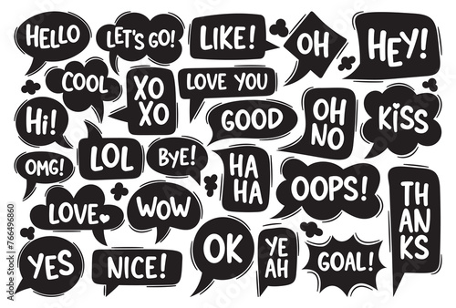 Black and White Dialog Speech Bubbles. Hello, Lets Go, Like, Ho and Hey. Cool, Hi, Xo Xo and Love You. Good, Oh No, Kiss