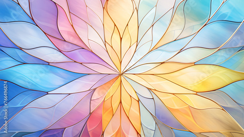 Abstract patterns and stained glass background infused with soft pastel colors and kaleidoscope art. Ethereal beauty. Kaleidoscope art meets stained glass in pastel-color abstract pattern background.