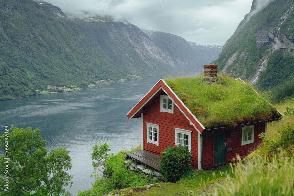 A quaint small red house with a charming green roof. Ideal for real estate or architecture concepts