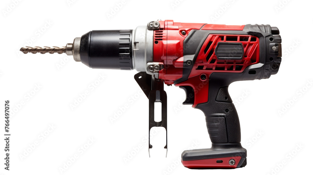 A red and black electric driller stands boldly on a white background, ready for action A red and black electric driller stands boldly on a white background, ready for action