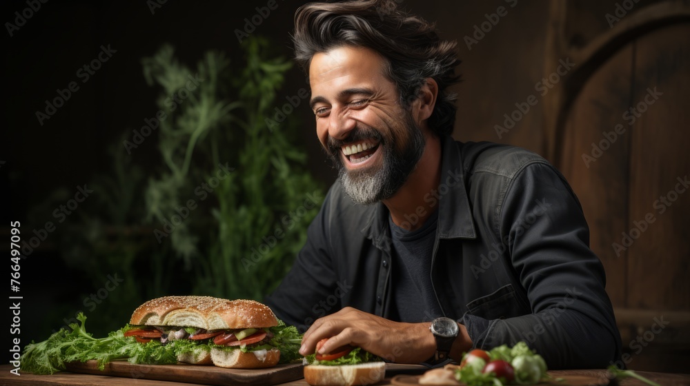 Bearded man laughing while making a sandwich in a rustic kitchen Bearded man laughing while making a sandwich in a rustic kitchen