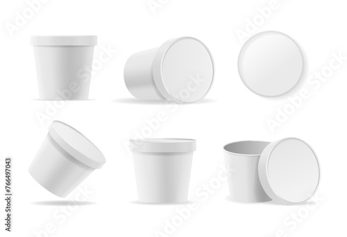 Round Food Containers, Ice Cream or Mayonnaise Buckets Mockup Set. Isolated 3d Vector Templates White Plastic Boxes