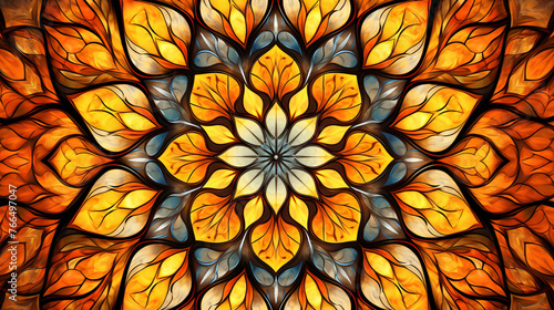 Mandala background with stained glass effect and primary colors. Kaleidoscope art lovers and artistic design. Mandala patterns with stained glass and kaleidoscope effect for dynamic backgrounds. © Artinun
