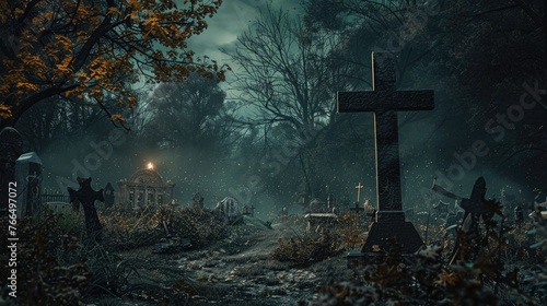 A spooky cemetery at night with a cross in the foreground. Suitable for Halloween themes