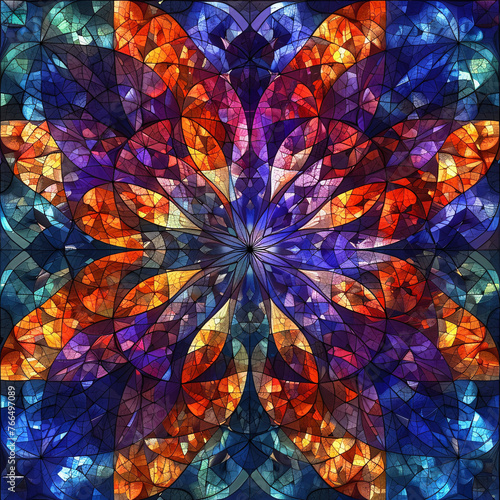 Dazzling fractals background with analogous colors and stained glass effect, perfect for artistic and symmetrical designs. Ornamental elegance. Fractal patterns background. Stained glass inspirations.