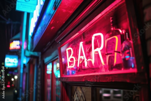 A neon sign showing the word Bar.
