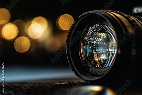 Camera lenses with reflections on a dark background.