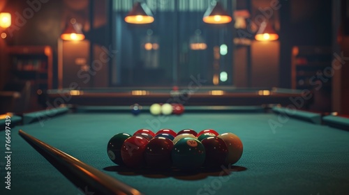 A pool table with eight pool balls, perfect for sports and leisure concepts